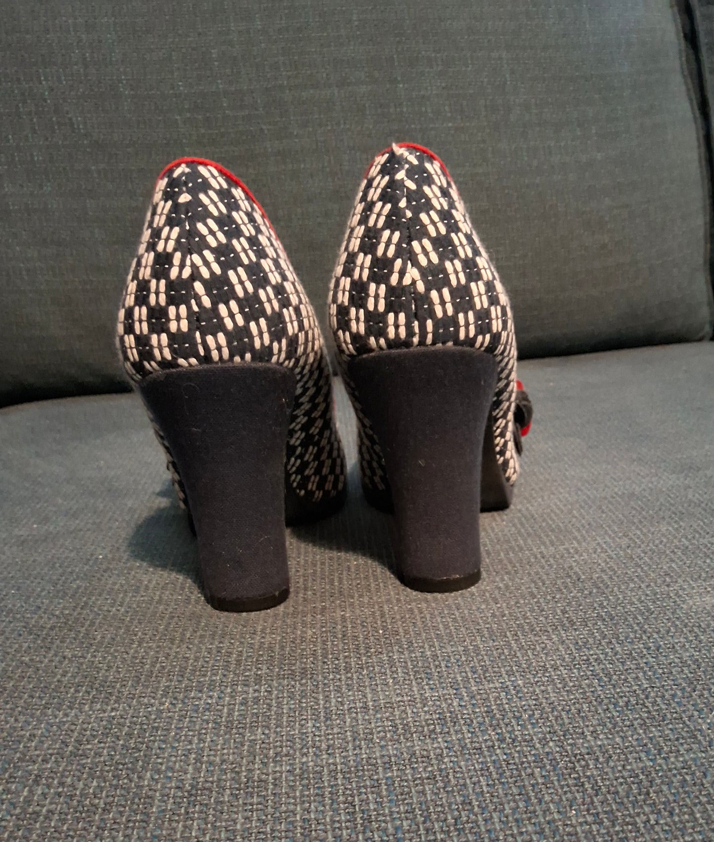 Ruby Shoo Navy White & Red Knit Design Block Heel Shoes – UK 5 – 9cm Heel