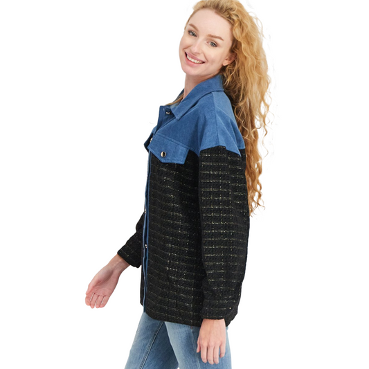 Koolook Blue Denim & Black Knit Shirt – Gold Thread – Size M (Fits size 12/14) – NWT