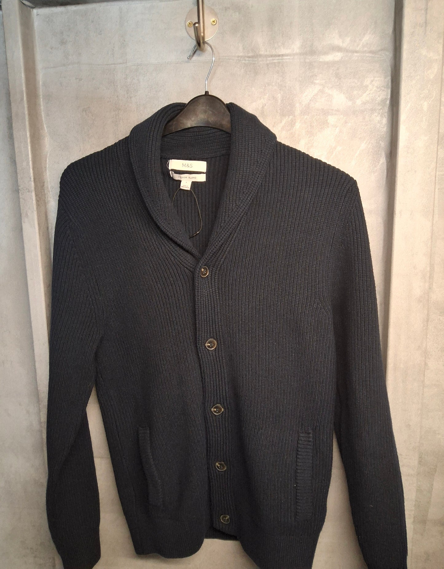 M&S Men’s Navy Knit Cardigan – Shawl Collar, Pockets – Size Small