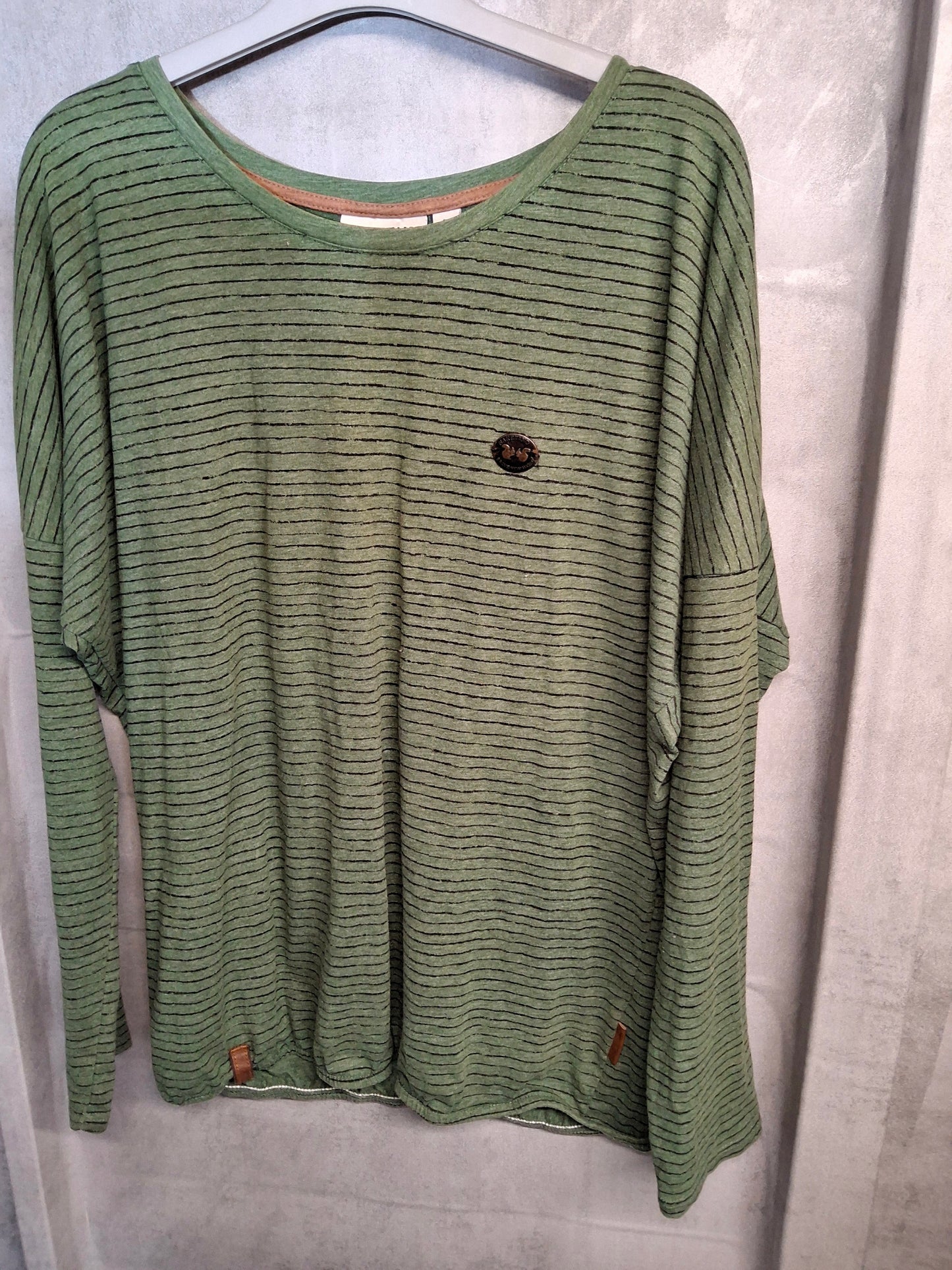 Naketano Green & Black Striped Long Sleeve Top – Size L (UK size 16) – Cotton & Polyester