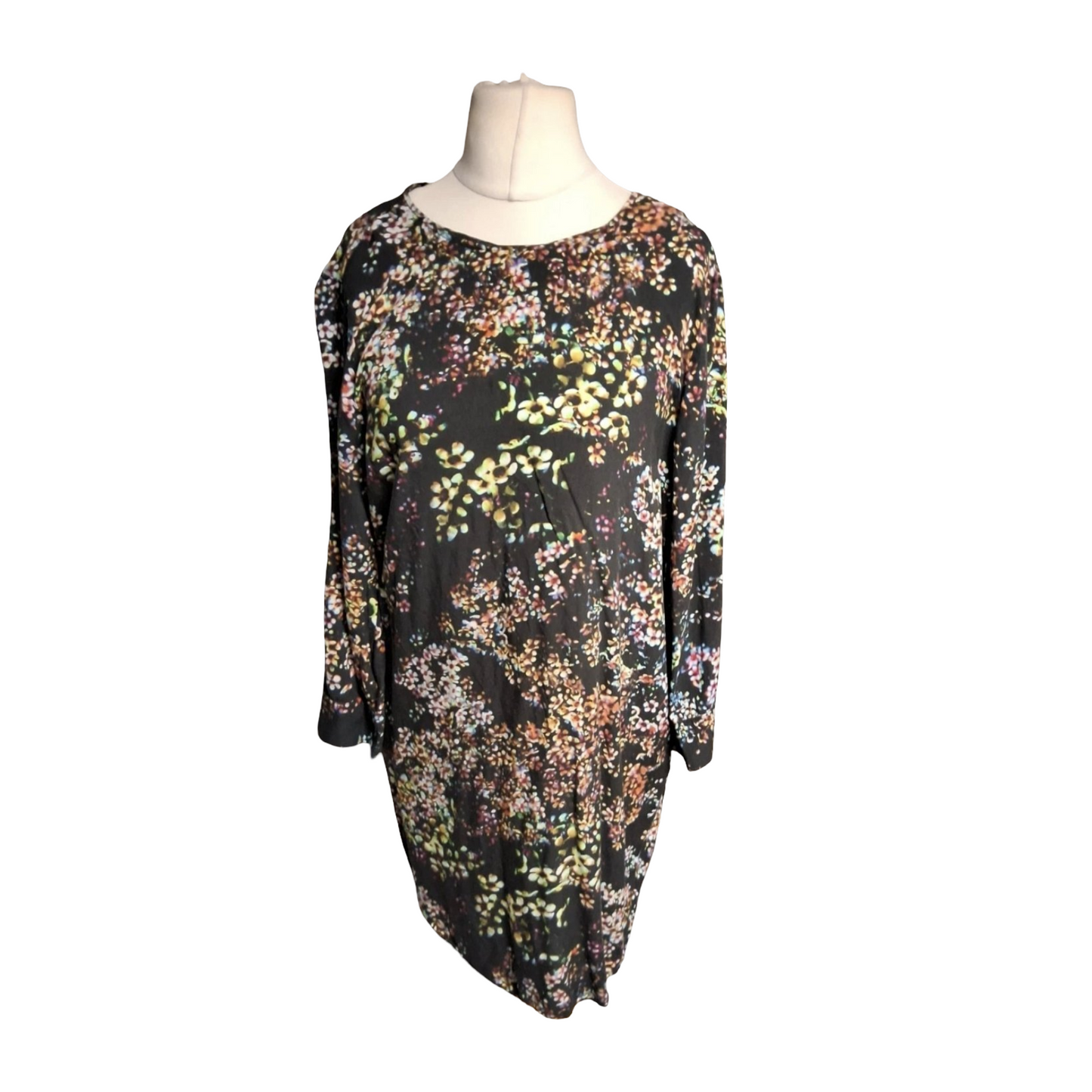 & Other Stories Floral Mini Dress – Size 10 – ¾ Sleeves – Keyhole Back – Black with Colourful Print