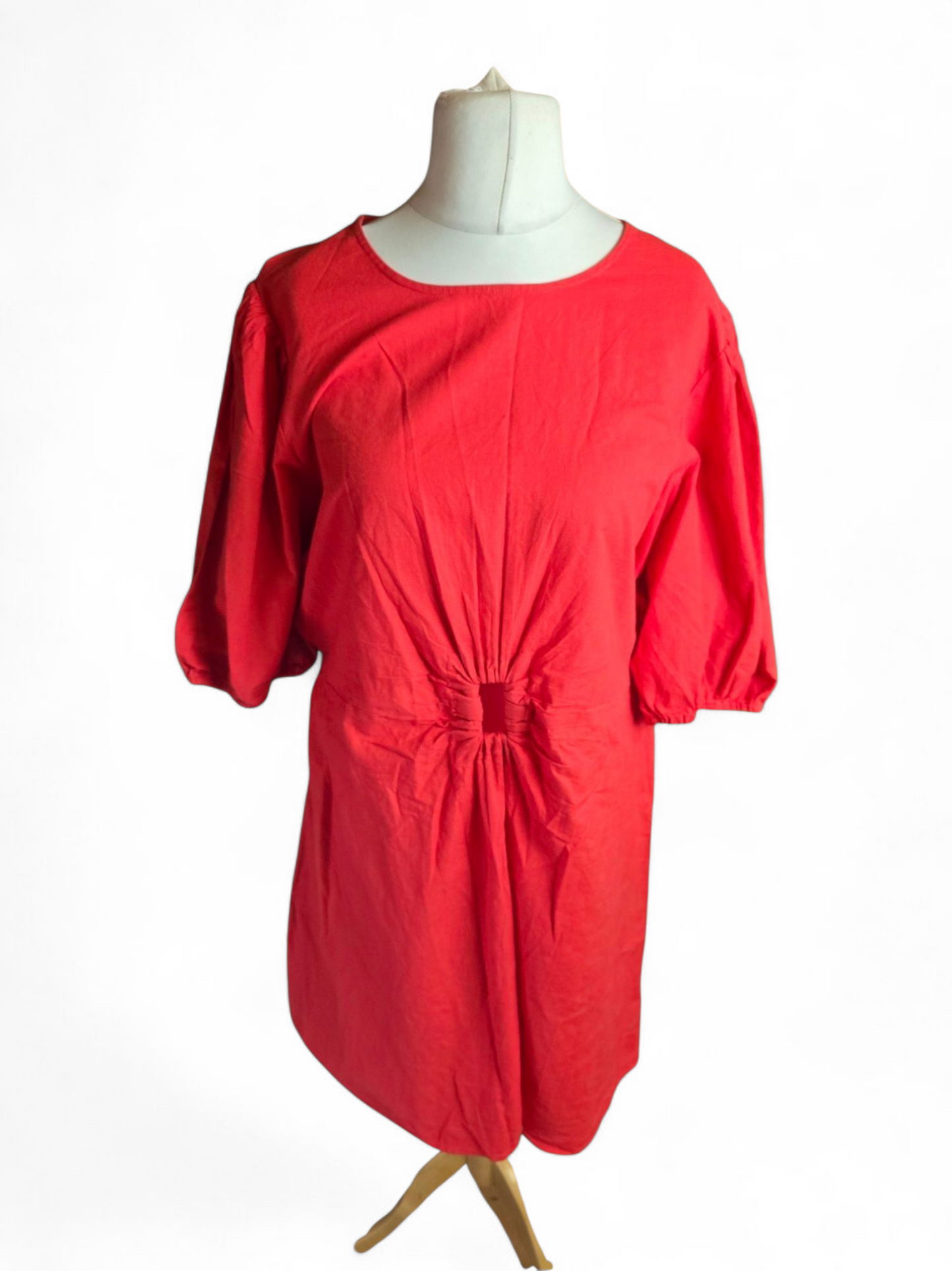 Primark Red Linen Blend Dress Size 20 – Short Sleeves, Cut-Out Detail, Button Back, Elegant Fit