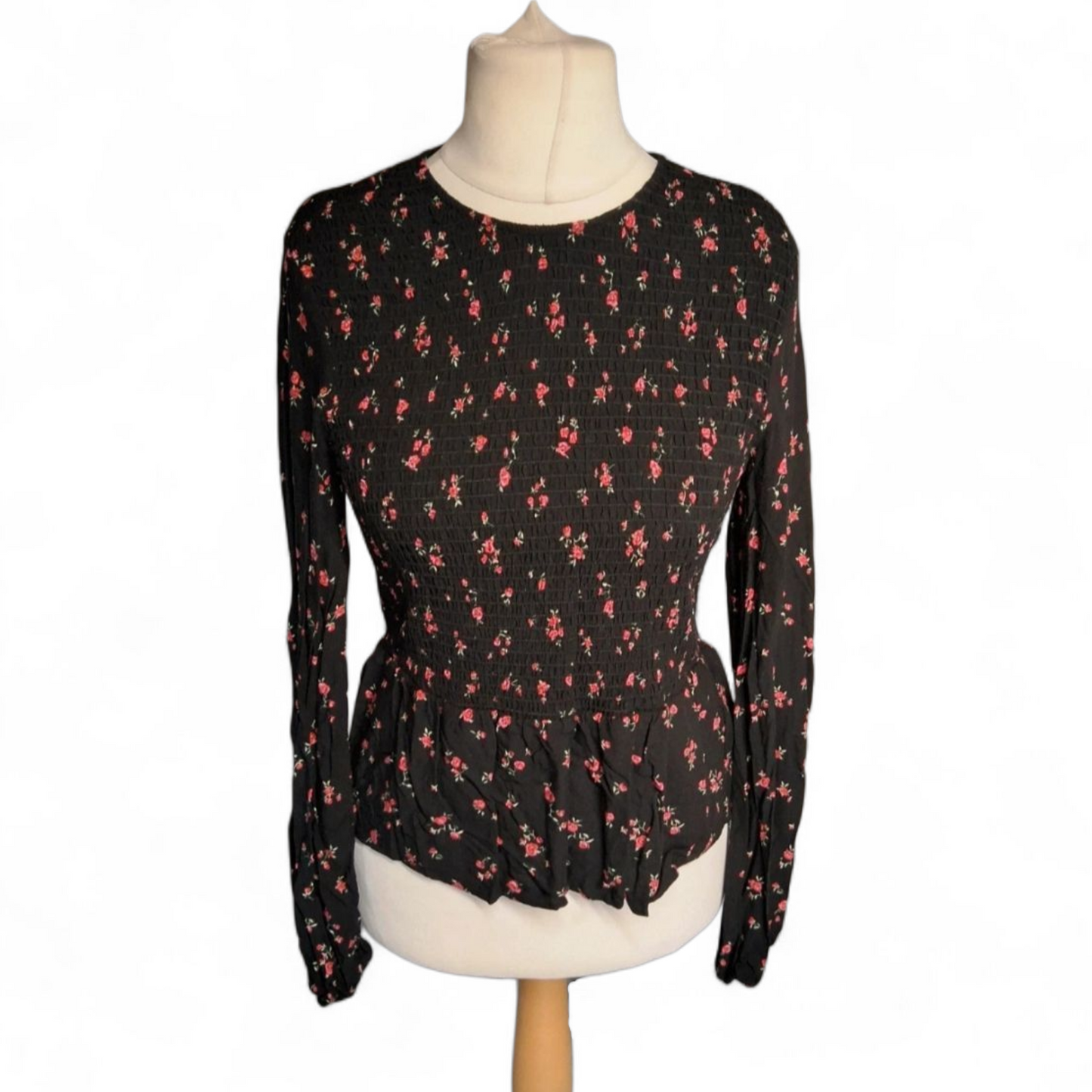 H&M Black & Red Floral Long Sleeve Top – Size UK 14 (Fits size 12/14)