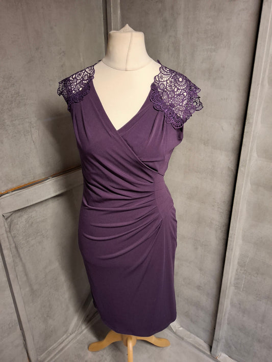 BHS Purple Lace Shoulder Ruched Dress – Size 10 – Elegant Bodycon