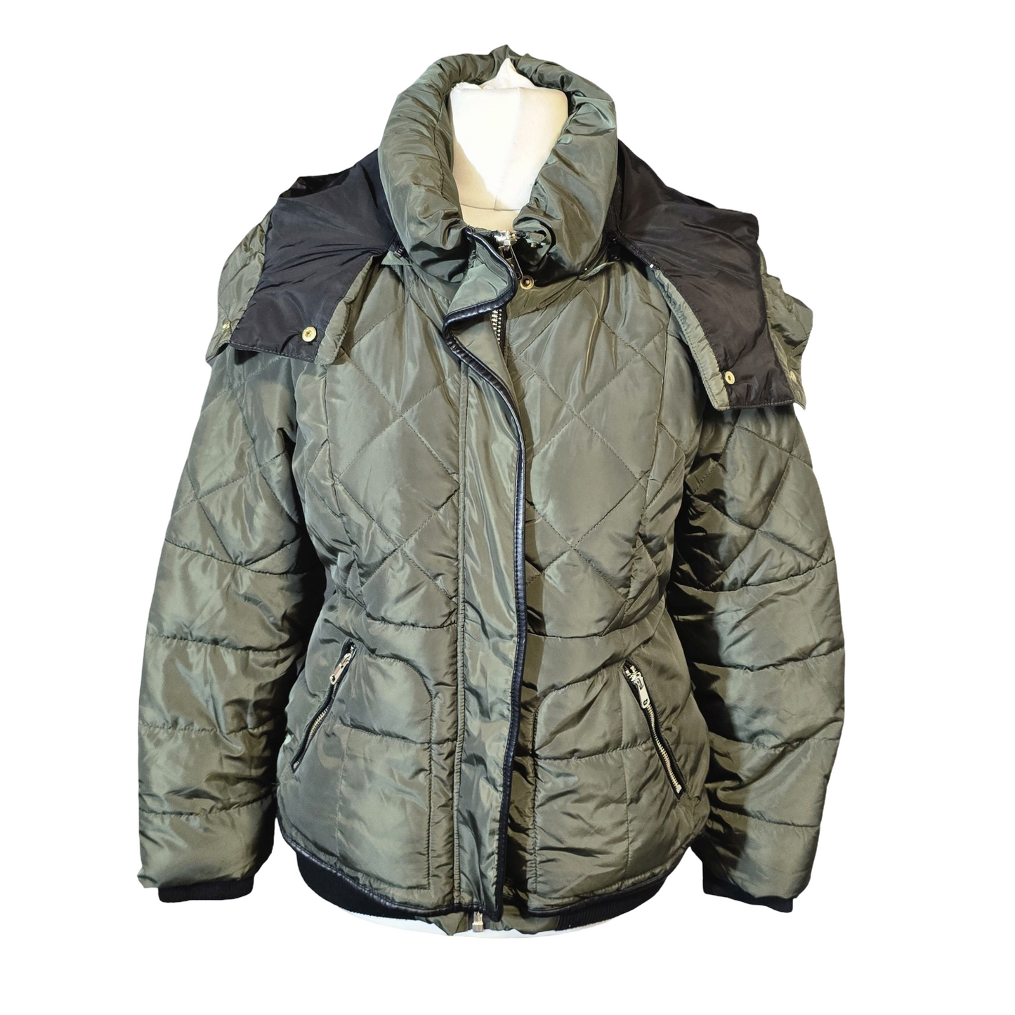 Next Petite Khaki Puffer Jacket – Detachable Hood, Size 14 – Warm Winter Coat