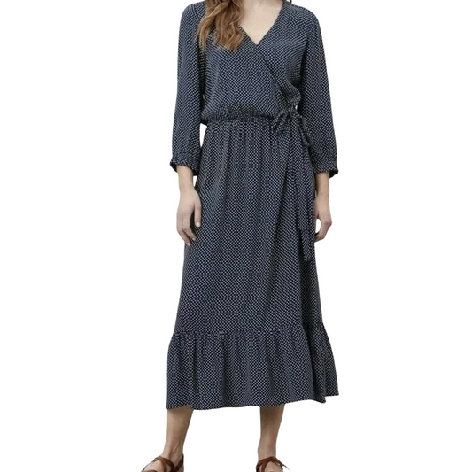 Joules ‘Chloe’ Navy & White Polka Dot Wrap Midi Dress – Size 12 – Viscose