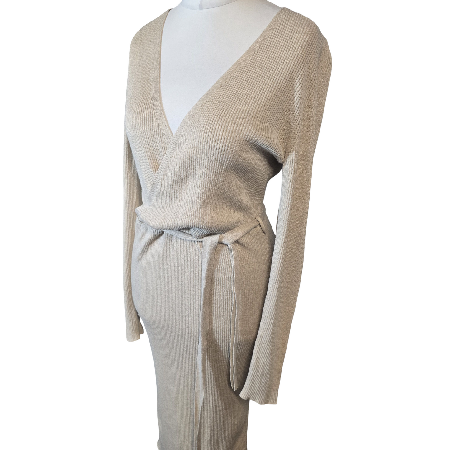 George Beige Ribbed Wrap Midi Jumper Dress – Size 12/14