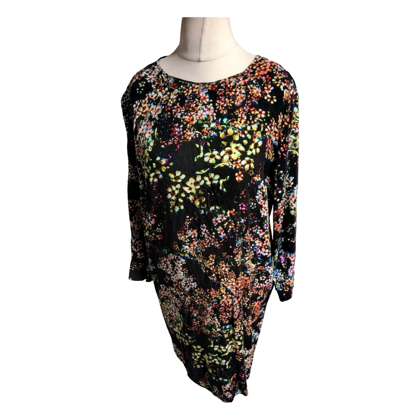 & Other Stories Floral Mini Dress – Size 10 – ¾ Sleeves – Keyhole Back – Black with Colourful Print