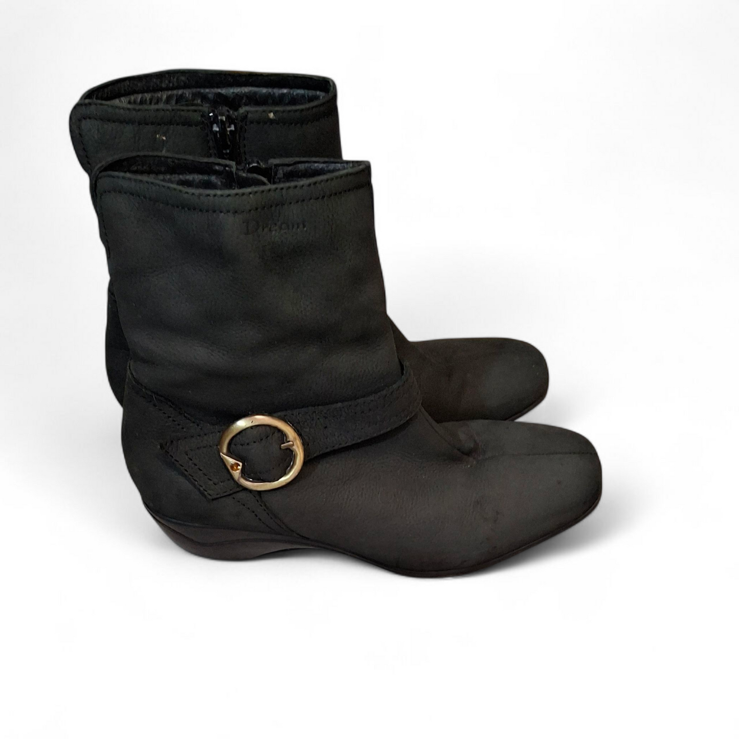 Flyflot Black Leather Ankle Boots – Gold Buckle – UK 4 / EU 37