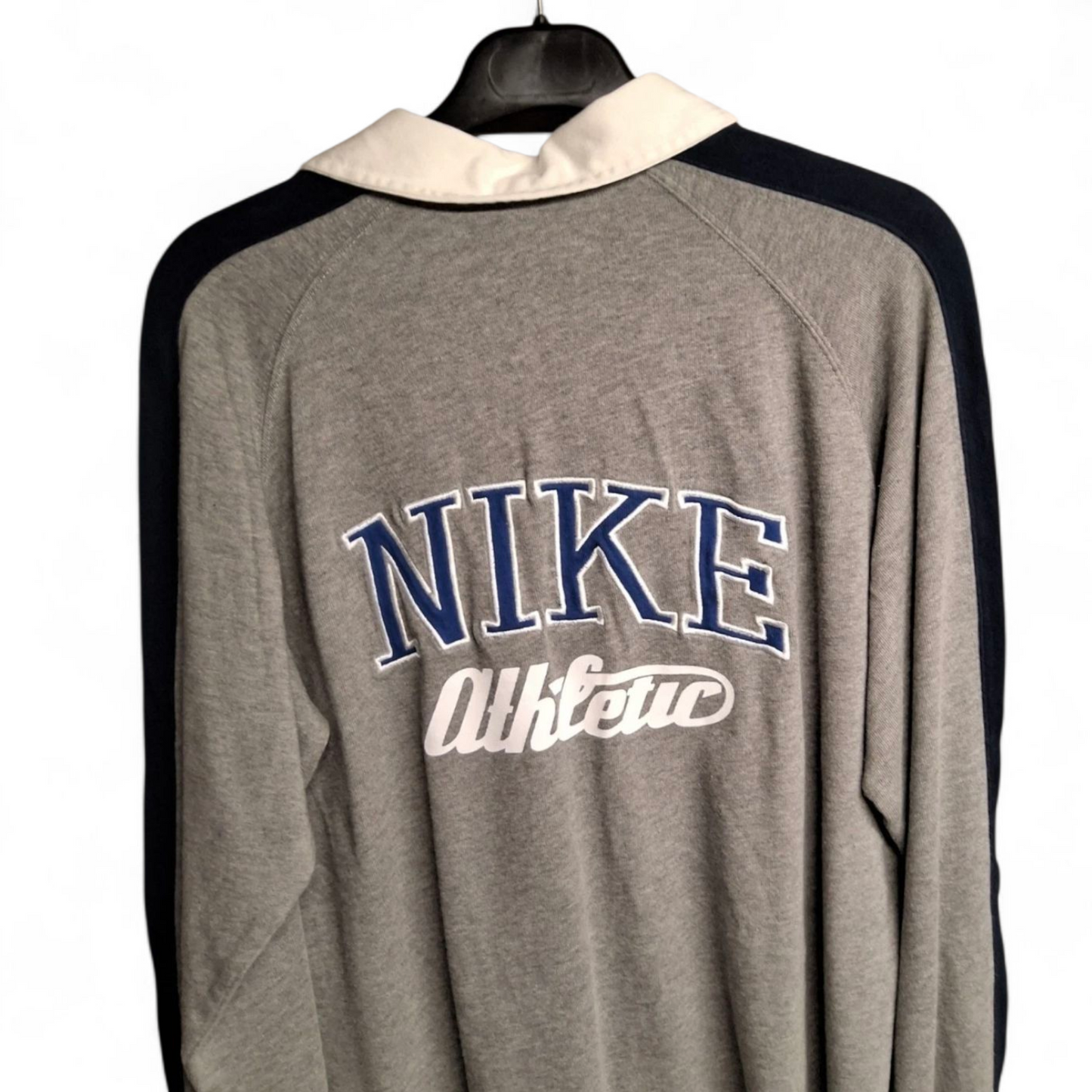 Men's Vintage Y2k Nike Athletic grey & navy long sleeved rugby top tagged