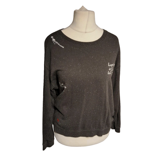 H&M Grey Speckled Slogan Sweatshirt – Size M (UK size 10–12) – “Happiness” Jumper