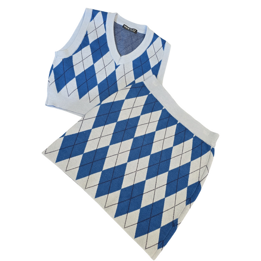 Shein Blue Argyle Knit 2 Piece Set – Mini Skirt & Crop Tank Top – Size XS