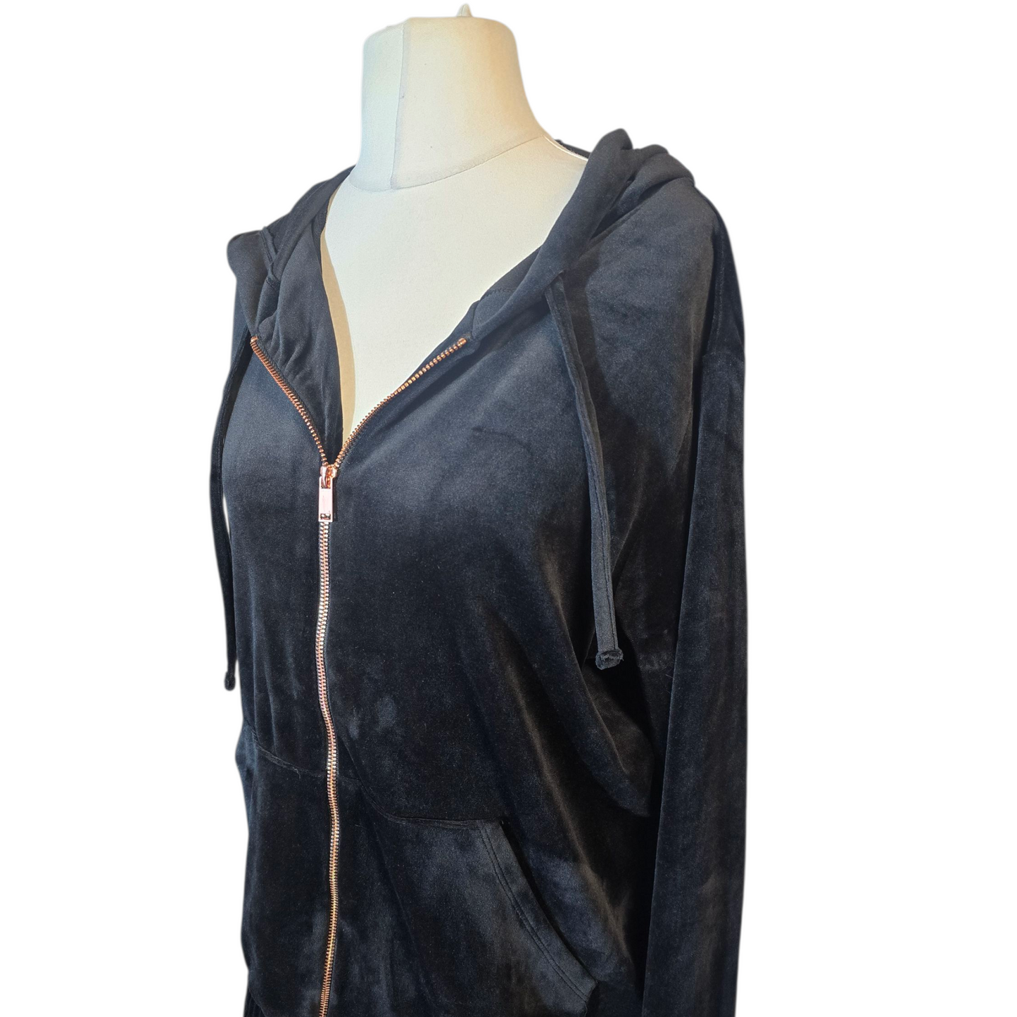 Matalan Black Velvet Hoodie – Size L (size 16/18) – Zip Up Soft Hooded Jumper