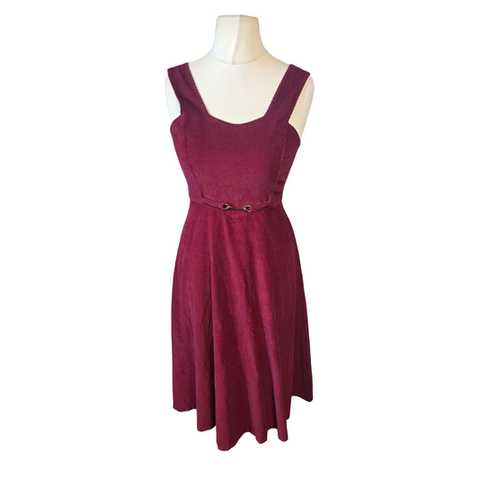 Vintage St Michael 1977 Burgundy Cord Sleeveless Dress – Gold Detail – Zip Back – Bust 34" – Size Approx 10