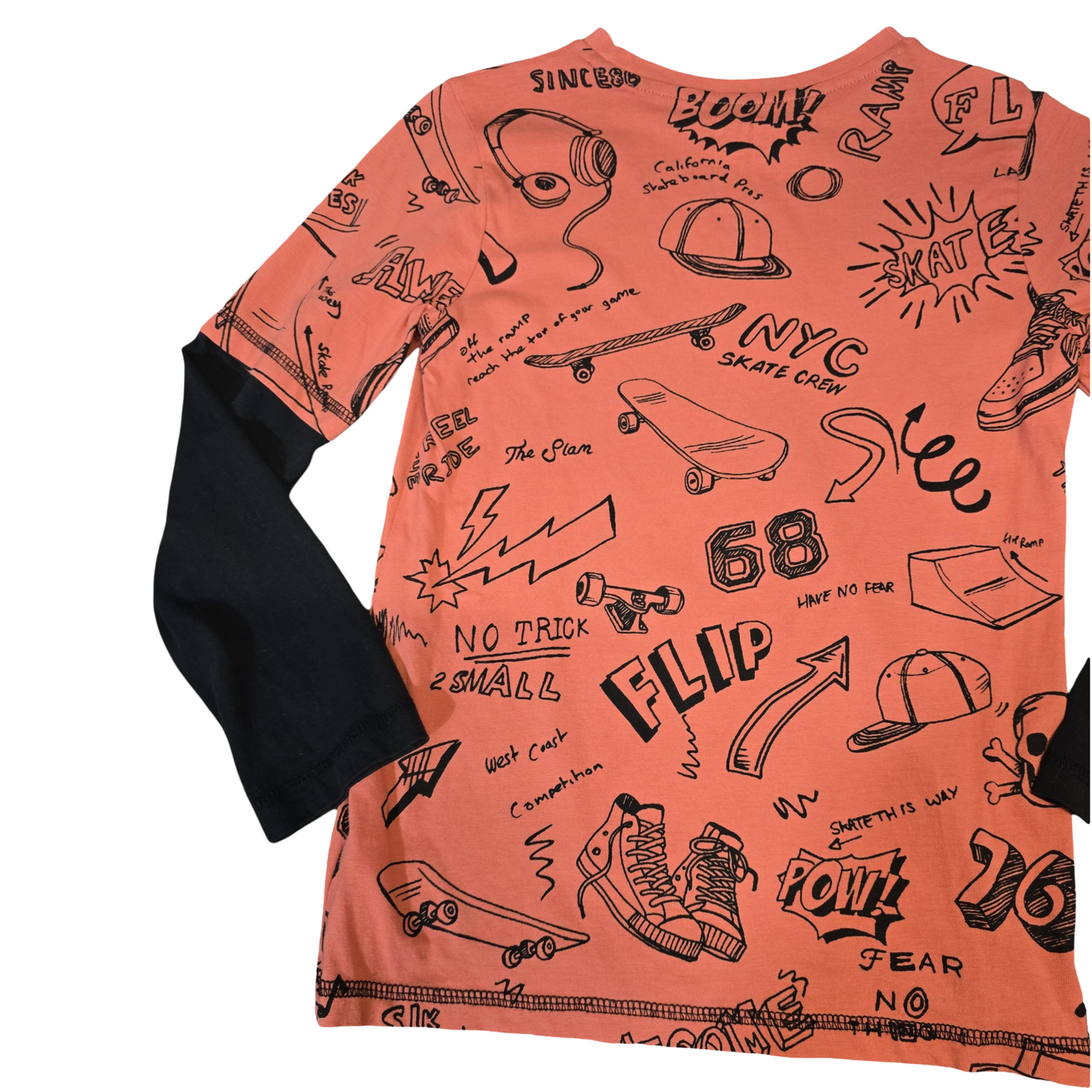 F&F Coral Orange & Black Long Sleeve Graphic Tee – Boys 7–8 Years