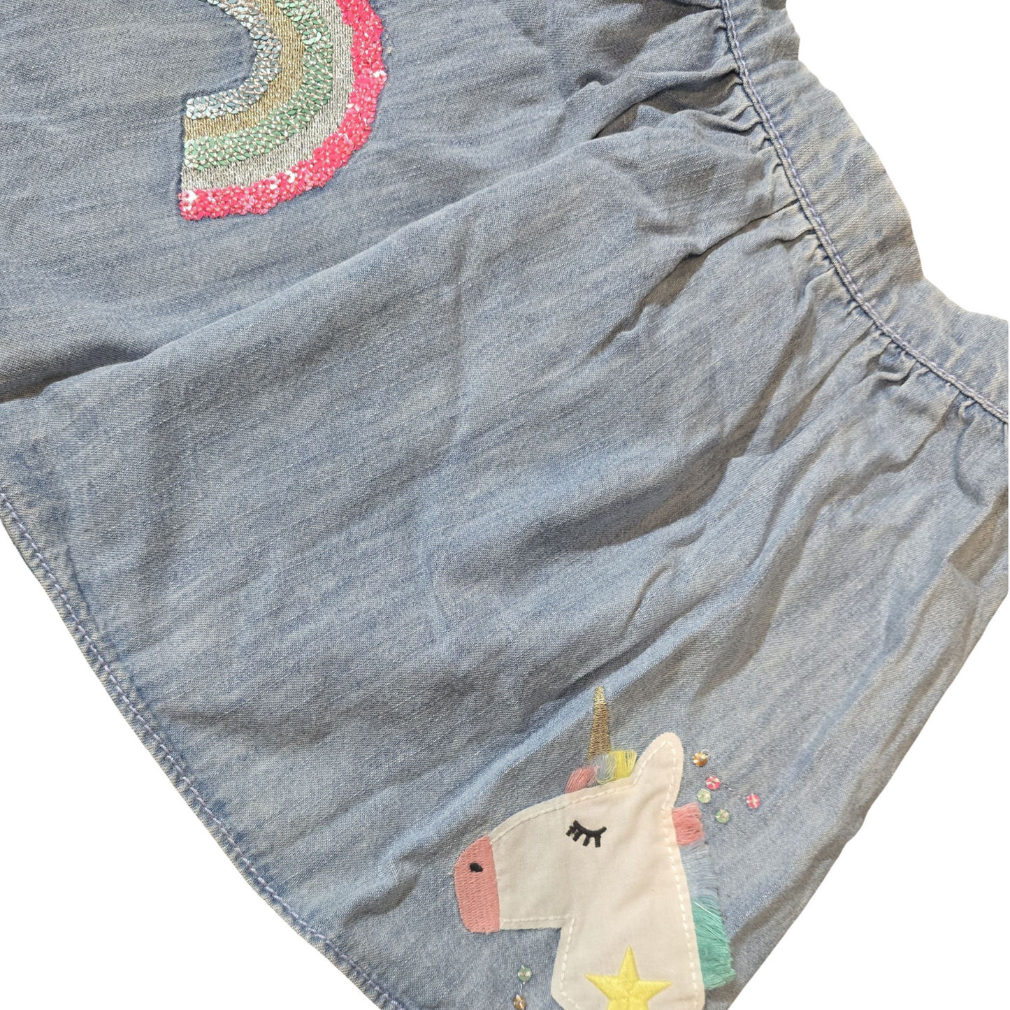 Next Girls Denim Skirt – Age 2–3 Years – 100% Cotton – Unicorn & Rainbow Embroidery