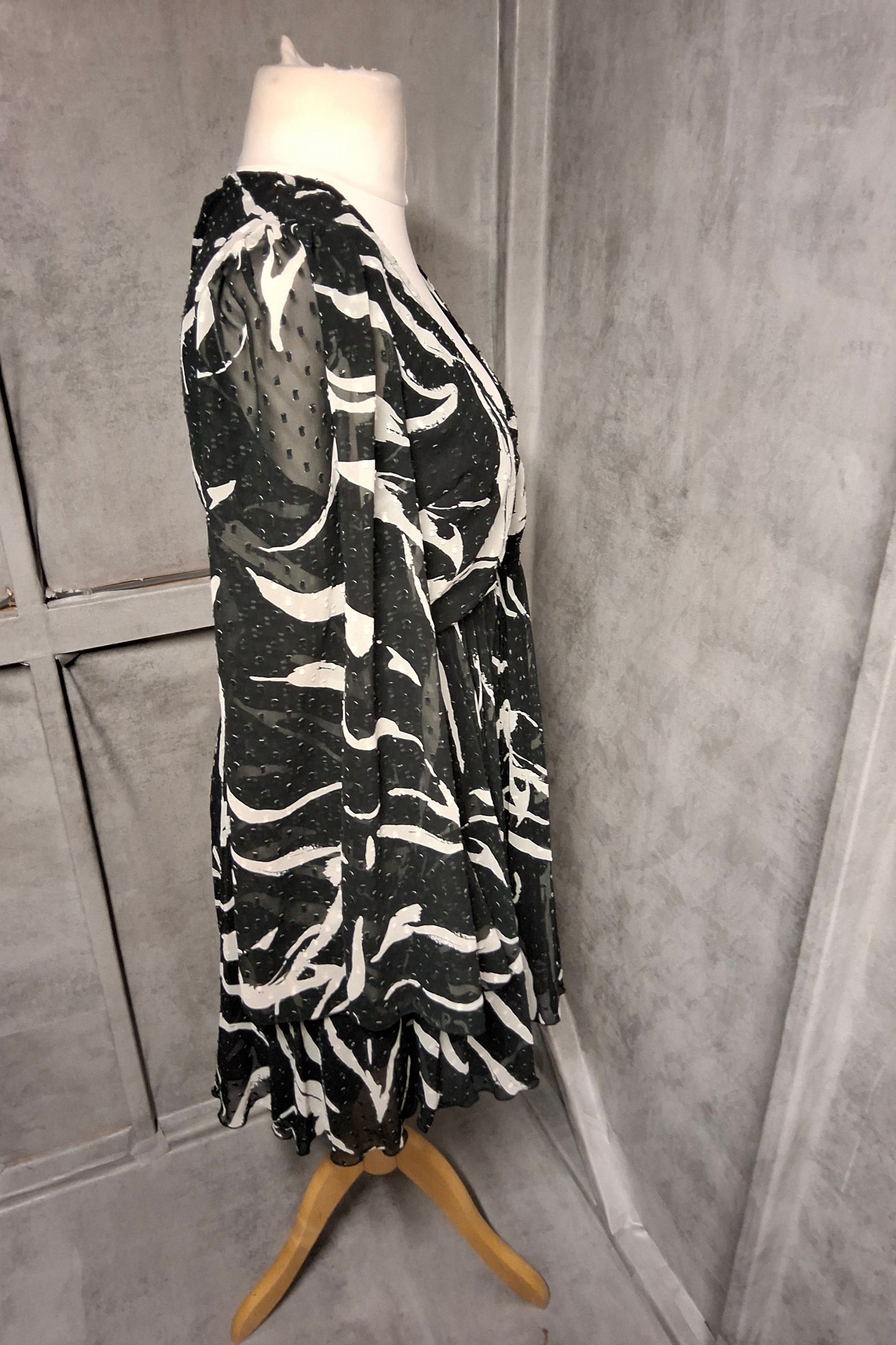 ASOS Black & White Sheer Long Sleeve Wrap Dress | Size 12