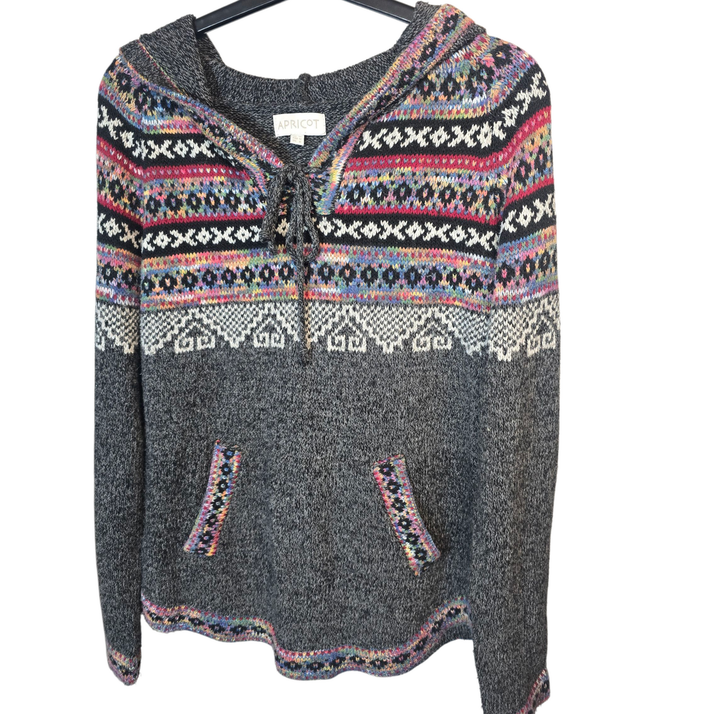 Apricot Grey & Multicolour Knitted Pattern Hoodie – Tie Front – Pockets – Size 12