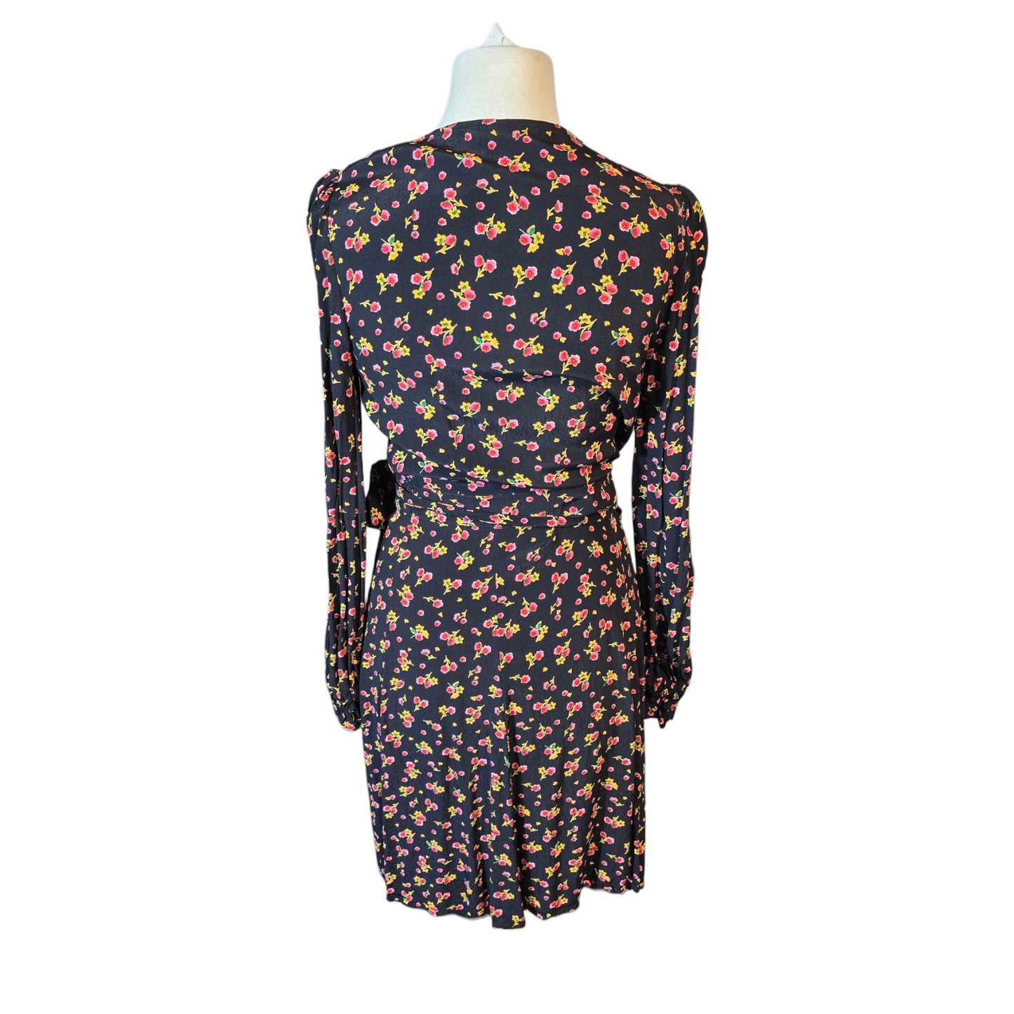 M&S Ghost Black Floral Wrap Midi Dress – Size 8 Regular – Viscose Elegance