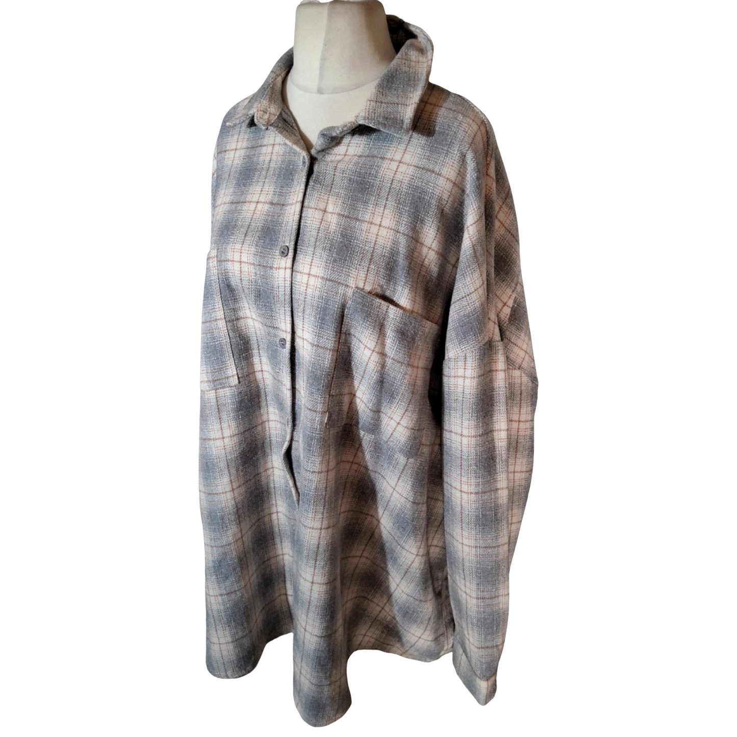Boohoo Grey & Orange Checked Oversized Shirt – Size 14 – NWT