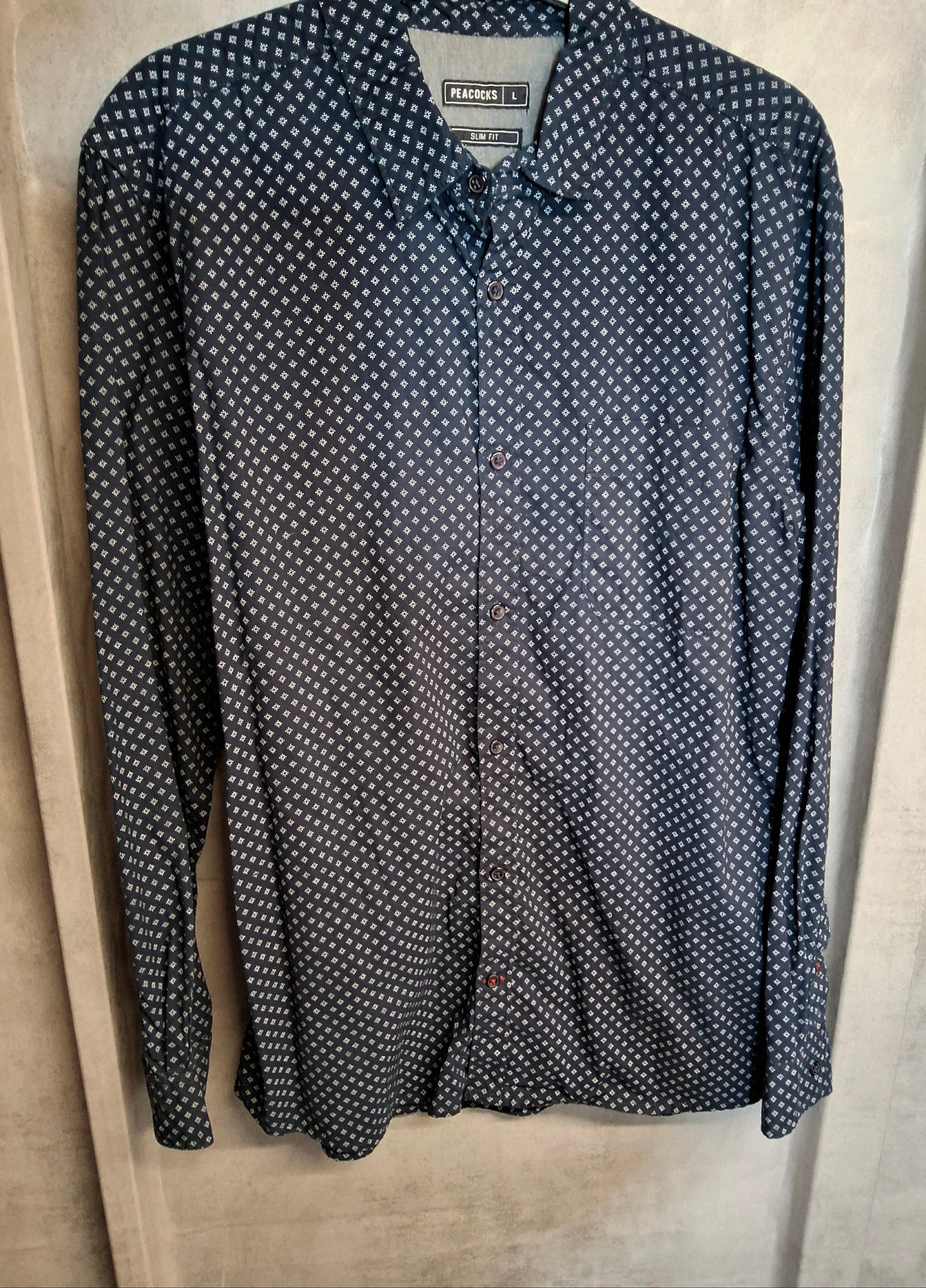 Peacocks Navy & White Patterned Slim Fit Shirt – Men’s Size L – 100% Cotton