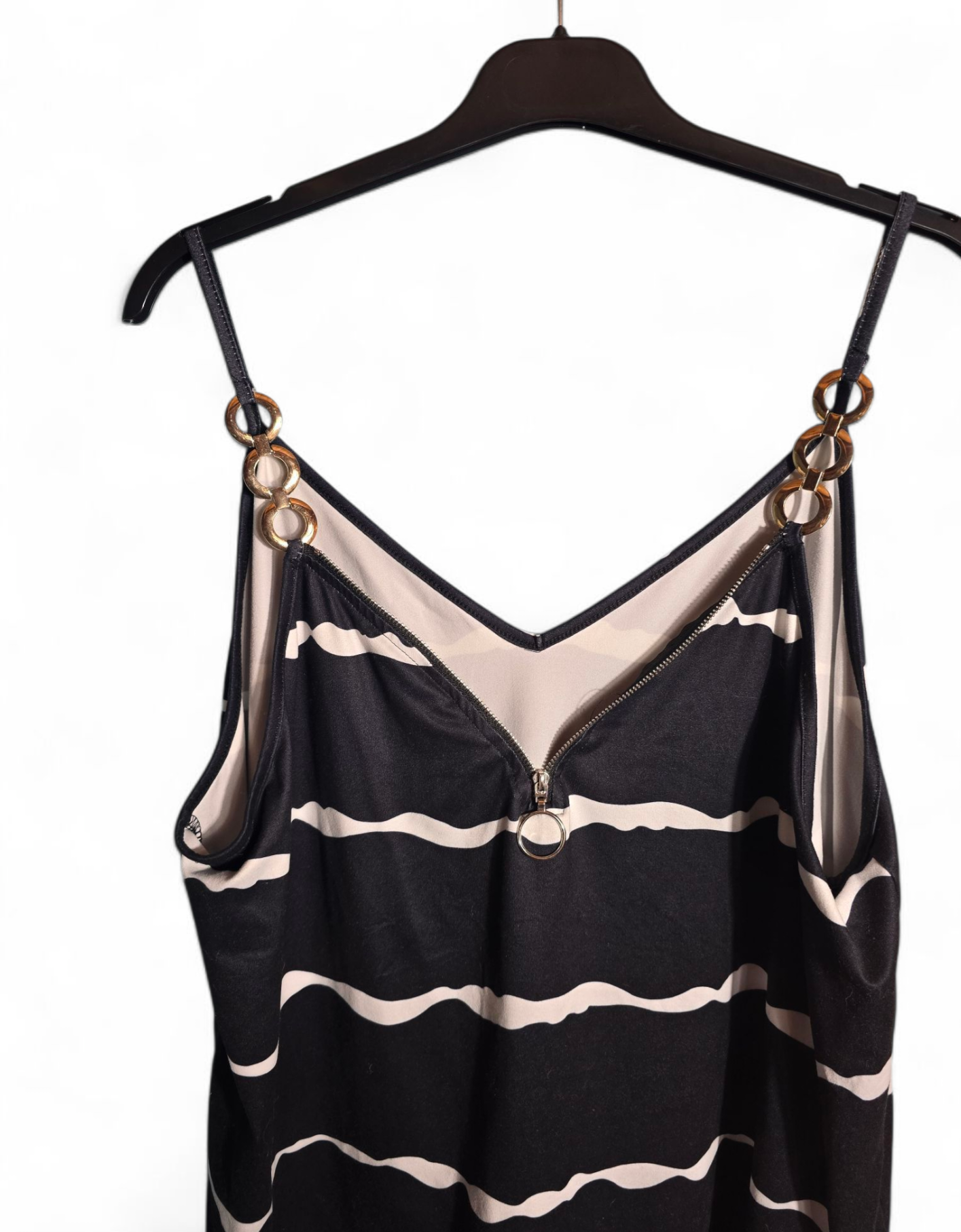 Shein Black & White Striped Cami Top Size XL (Fits 14) – Gold Ring Straps, Front Zip