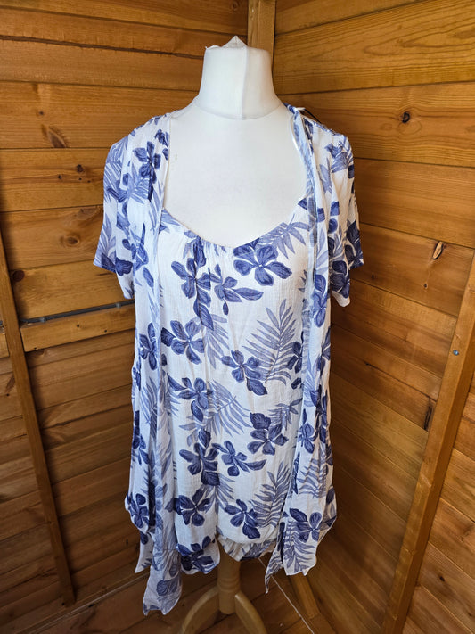 🧵 Roman Blue & White Floral 2-in-1 Top & Cardigan – Size 14 (BNWT)