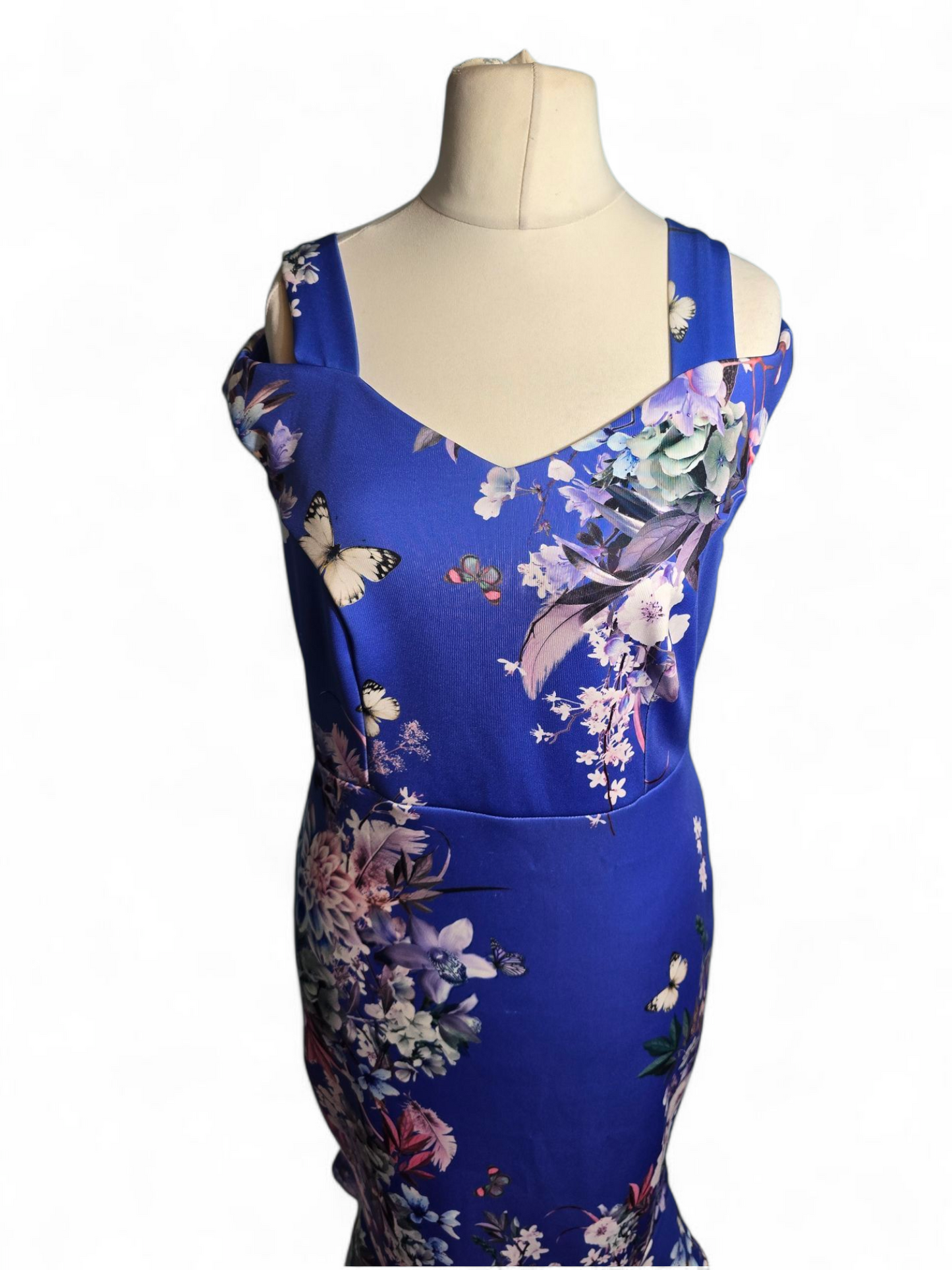 Kaleidoscope Blue Floral Cold Shoulder Dress – Size 12, Midi, Stretchy, Flared, Zip Back