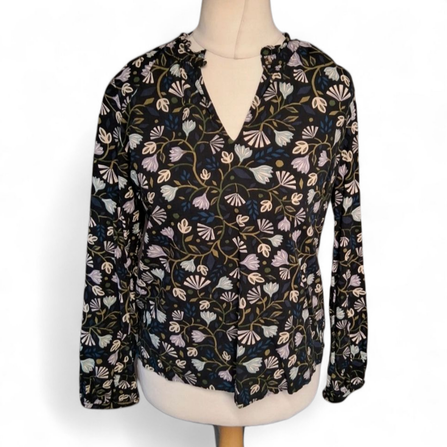 Seasalt Cornwall Black Floral Long Sleeve Blouse – Size 10 – Cotton Blend