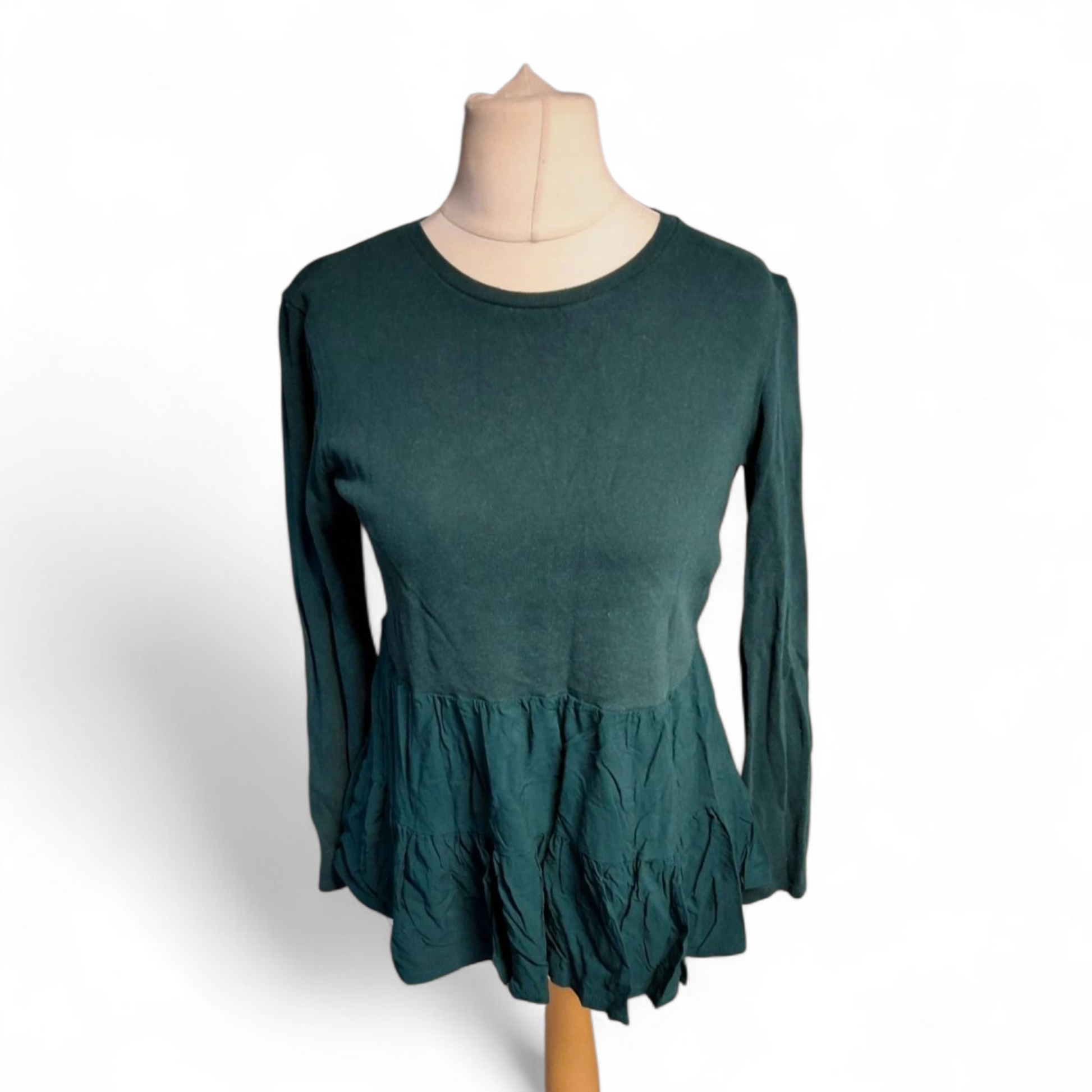 Zara Green Long Sleeve Jumper – Size S (UK size 8/10) – Frill Hem Layered Look