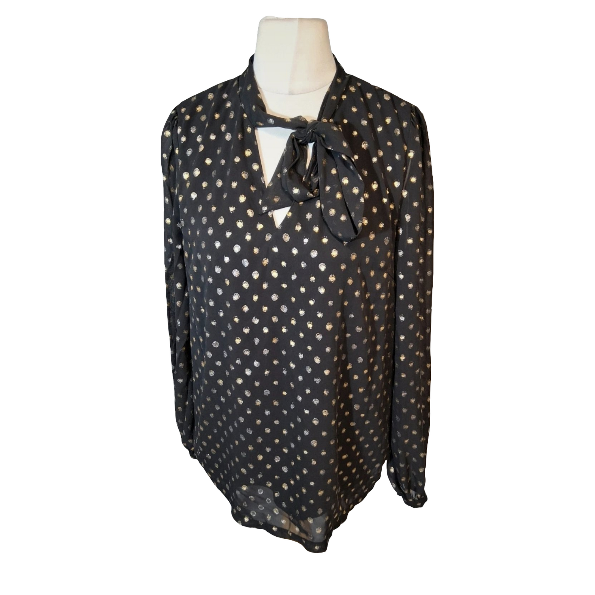 F&F Black & Gold Polka Dot Blouse with Neck Tie – Size 14