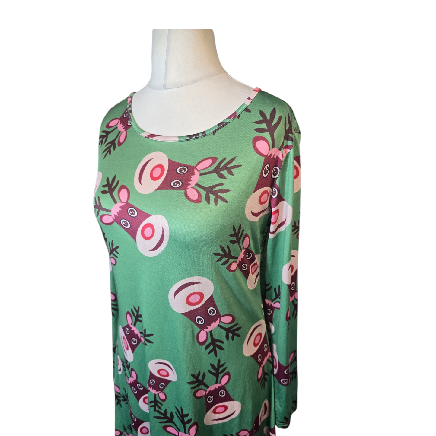 Ethan & Cocoa Green Reindeer Christmas Dress – Size L (size 14/16) – Stretchy Long Sleeve