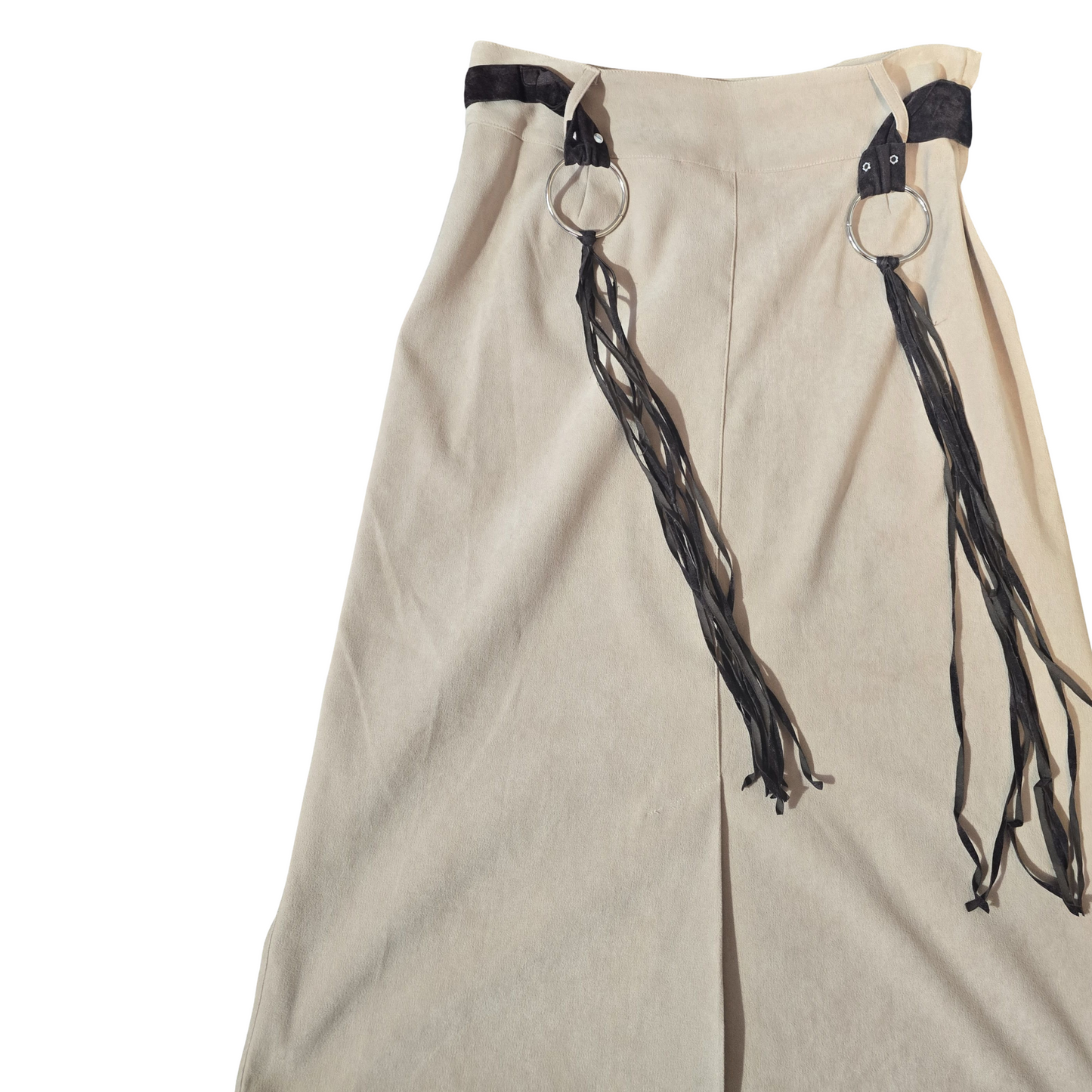 Mila Paoli Beige Suede-Style Midi Skirt – Brown Tassel Belt – Size 10