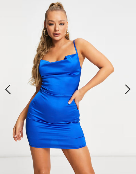 Parisian Cobalt Blue Satin Cowl Neck Mini Dress – Size 10 – NWT & Party-Perfect