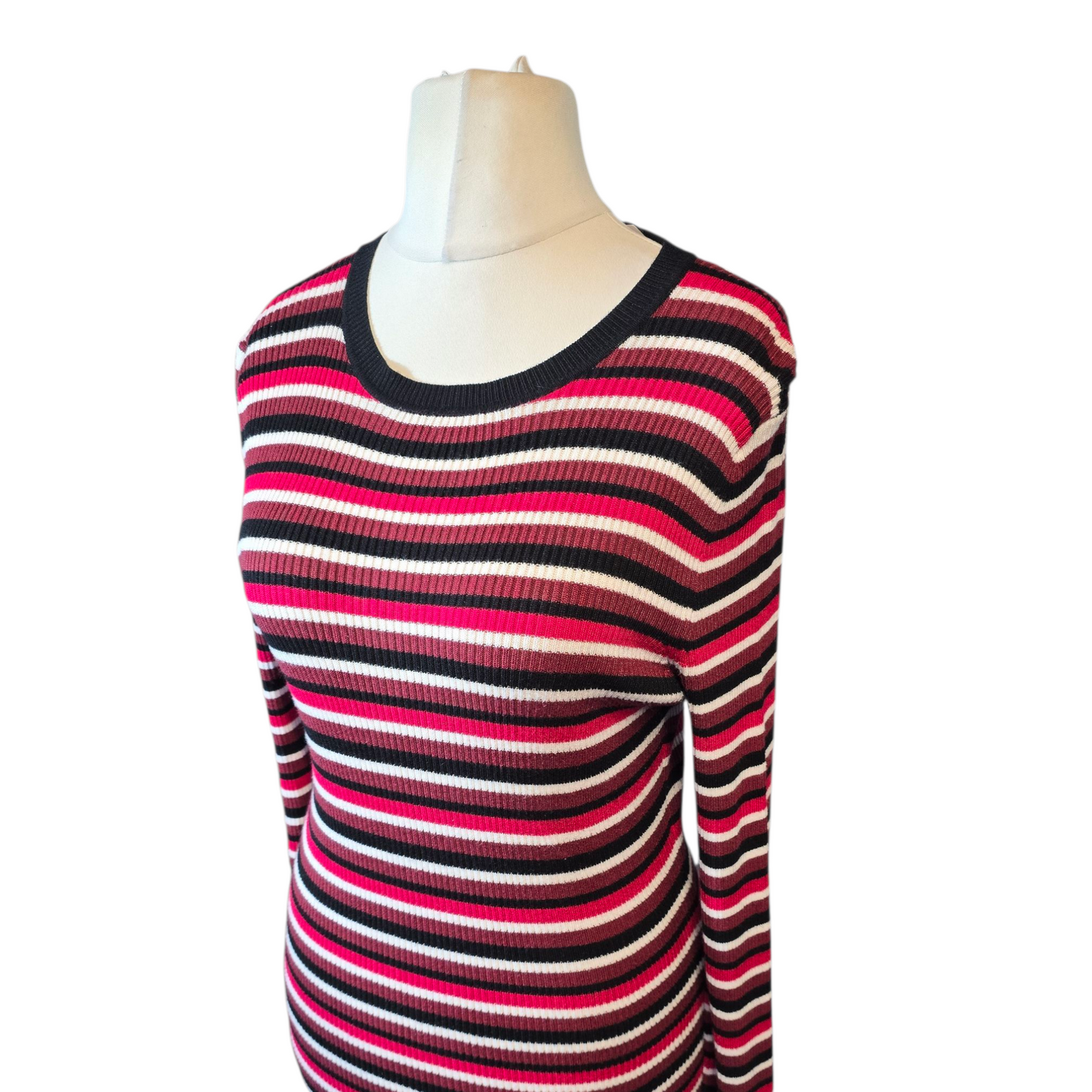 Primark Red, Black, White & Brown Striped Midi Bodycon Jumper Dress – Size M (size 10/12)