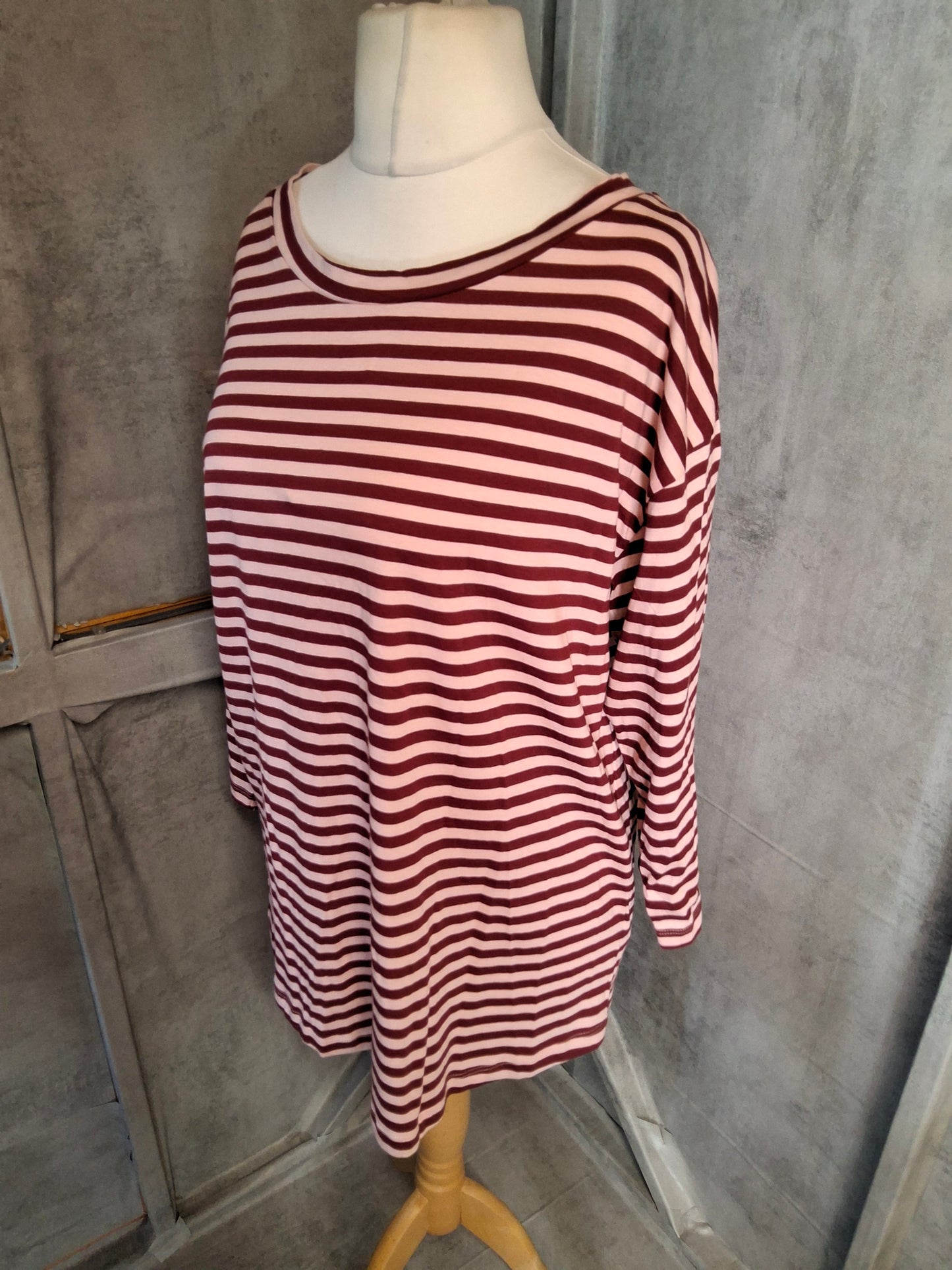F&F Pink & Red Striped ¾ Sleeve Longline T-Shirt – Size 16 – 100% Cotton – NWT