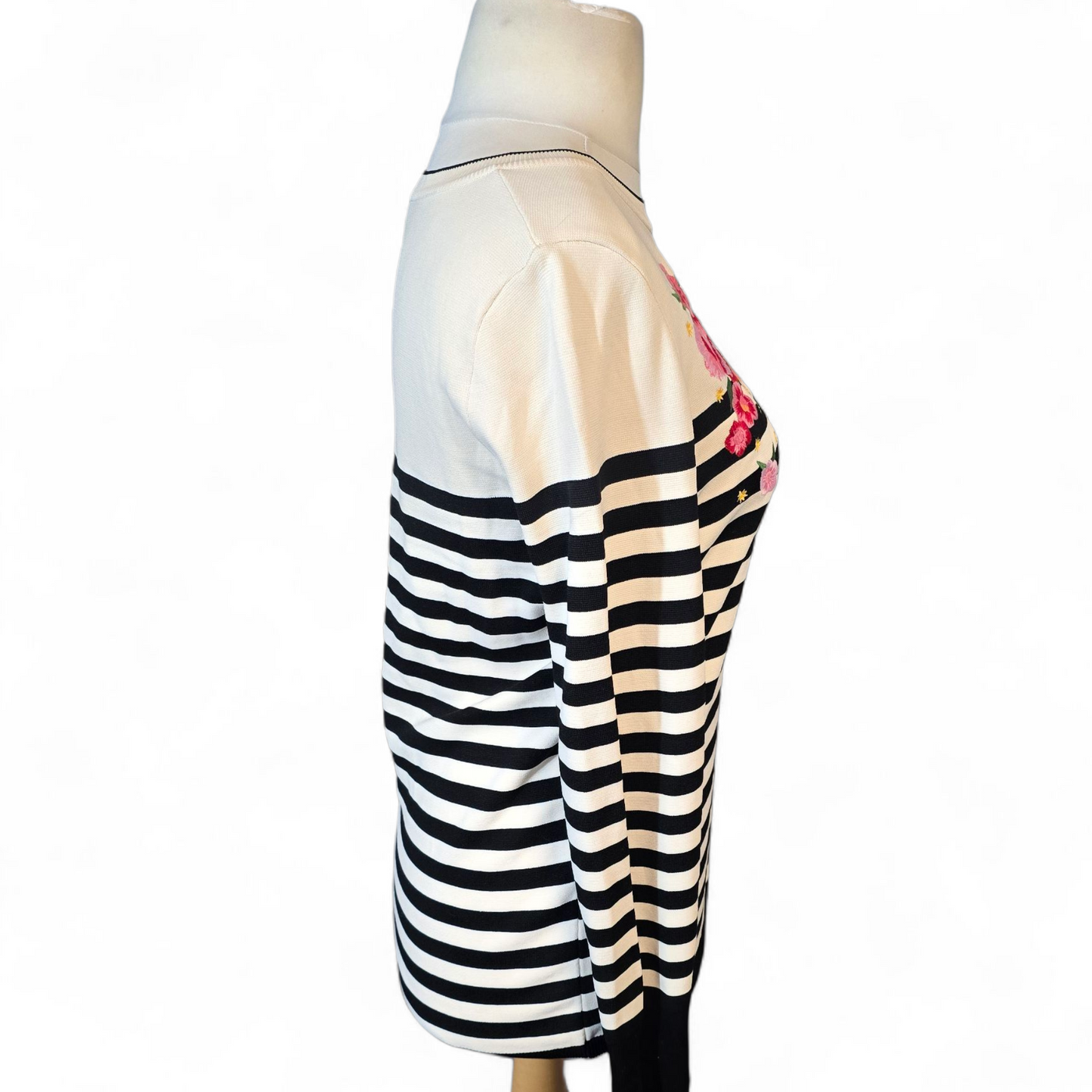 Next Black & White Striped Jumper with Pink Floral Embroidery – Size 12
