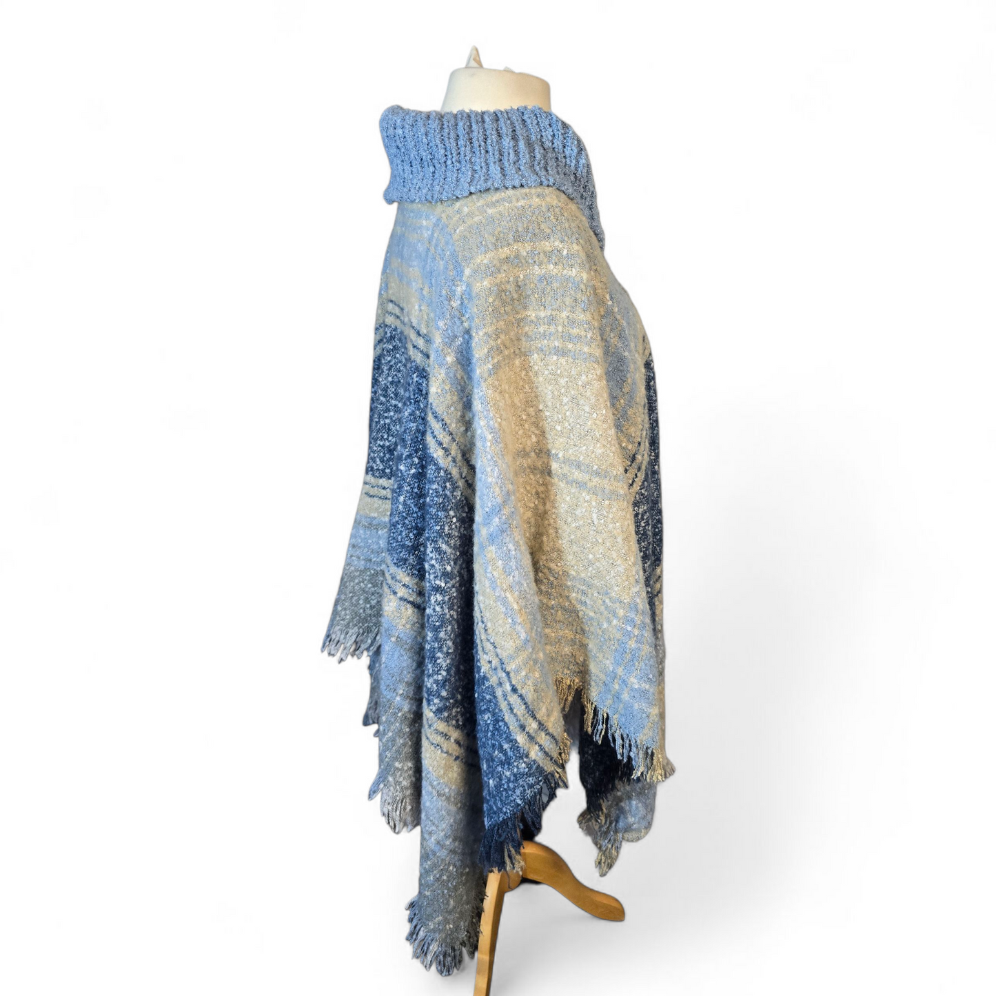 Lauren Taylor Blue & Beige Knitted Poncho – Turtleneck Tasselled Design – One Size (Fits 12–24)