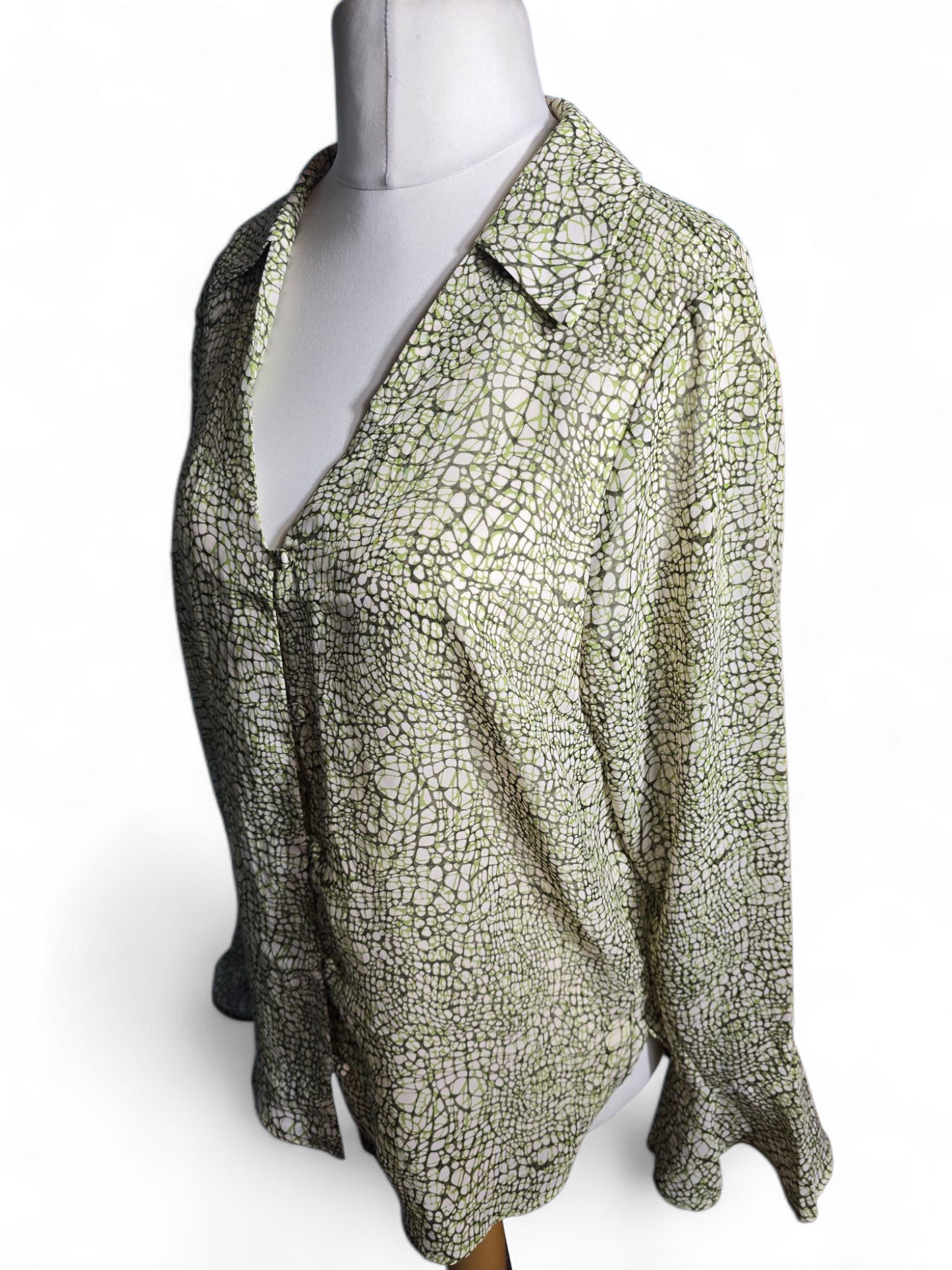 Next Green & Black Sheer Blouse | Size 14 UK | V-Neck, Button Front, Flared Cuffs