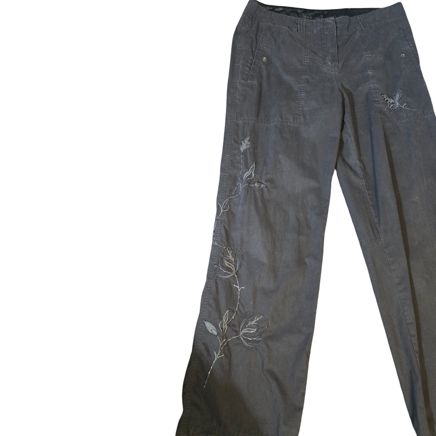 Y2K M&S Black Flare Cargo Trousers – Floral Embroidered, High Waist, Size 14