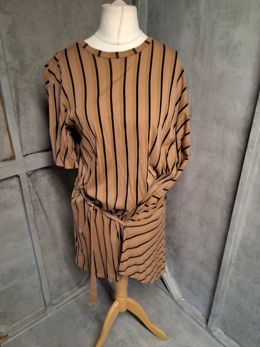 Zara Oversized Brown & Black Striped Wrap Dress – Size S (UK 8–10) – Tie Waist – Easy Style