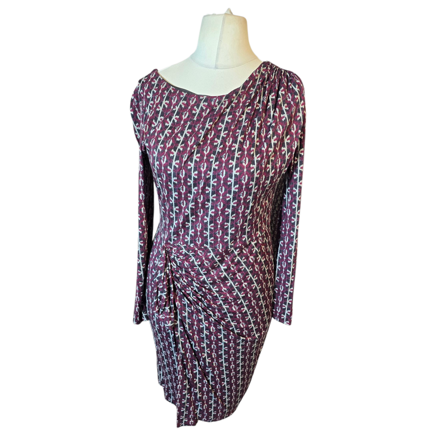 Per Una Burgundy & Beige Bodycon Midi Dress – Size 10 – Lined & Elegant