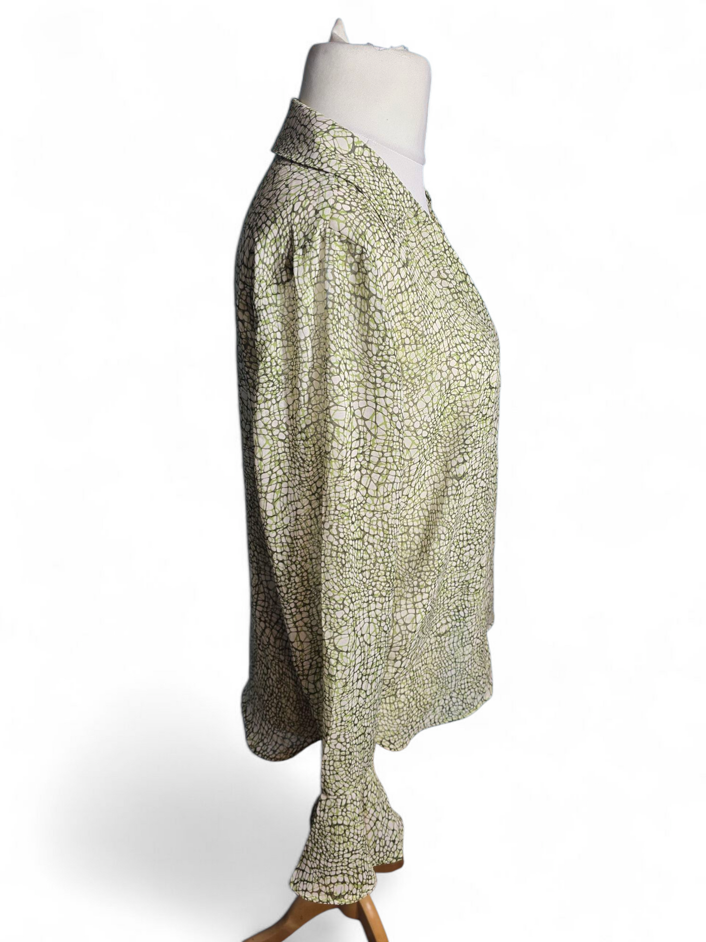 Next Green & Black Sheer Blouse | Size 14 UK | V-Neck, Button Front, Flared Cuffs