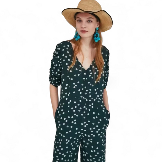 Zara Dark Green & White Floral Jumpsuit – Size L (UK size 12/14) – Pockets