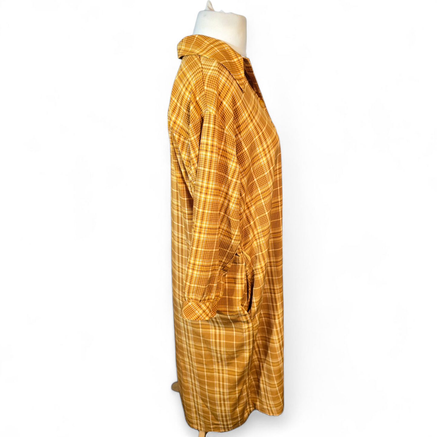 Monki Mustard Check Midi Shirt Dress – Size M (UK size 12/14) – Pockets & 3/4 Sleeves