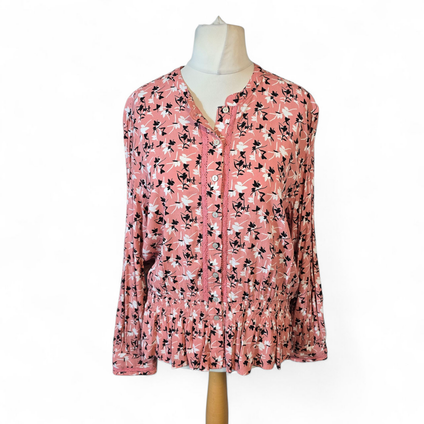 M&S Pink Floral Peplum Blouse – Size 18 – 100% Cotton Button Front