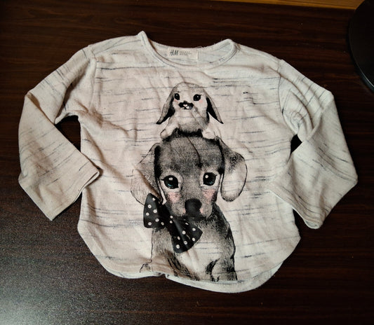 H&M Cream & Grey Dog Print T-Shirt – Girls 18–24 Months – Oversized Fit