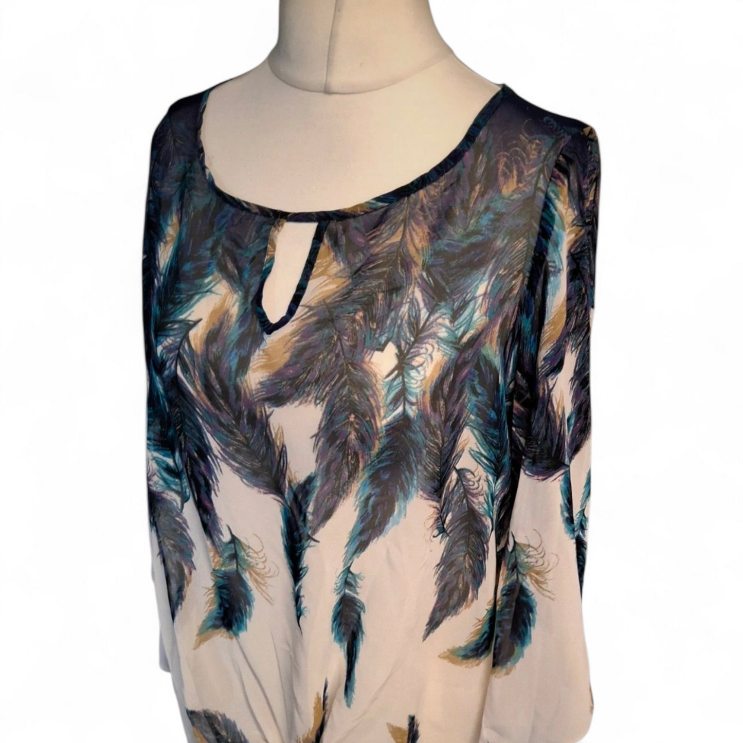 Wallis Purple, Blue & White Feather Print Sheer Tie-Front Blouse – Size 10 Petite