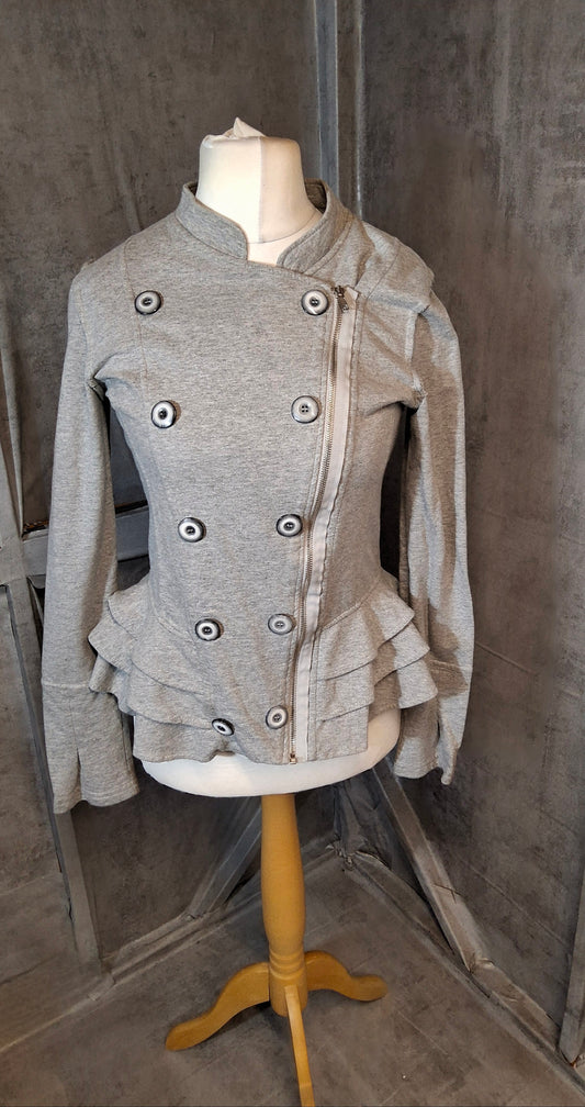 Y2K Next 2002 Grey Zip-Up Jumper – Size 12 – Frill Hem & Double-Breasted Button Detail
