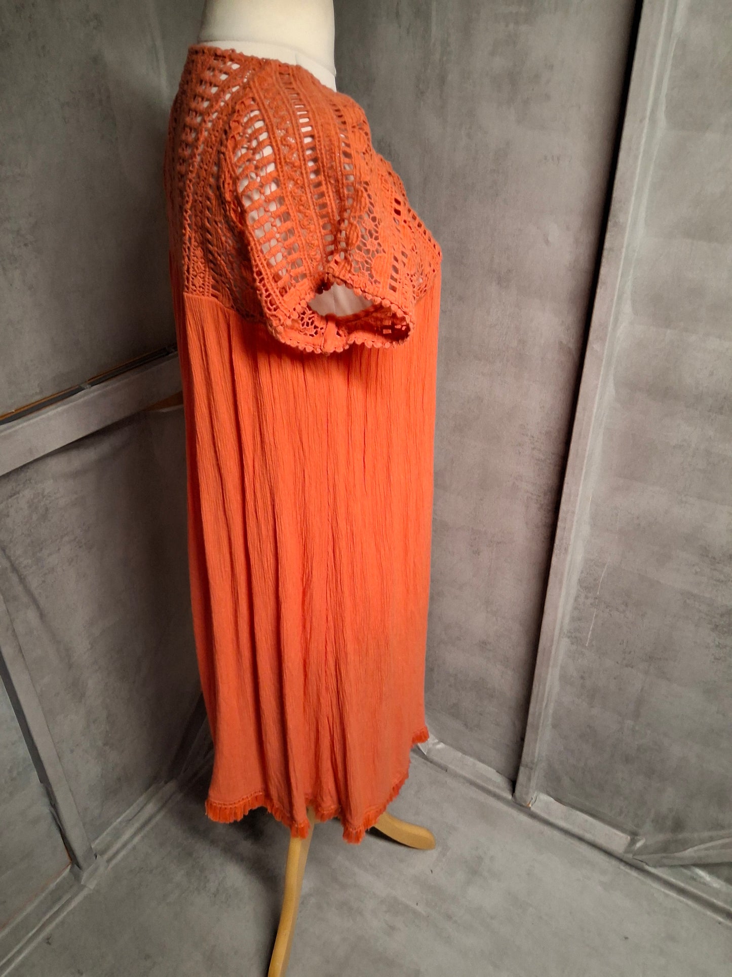 Next Coral Crochet Detail Crinkle Dress – Size 12 – Lightweight Knee-Length Summer Style
